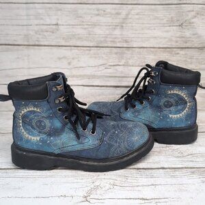 RAAD Shops Celestial Moon and Sun Whimsigoth Blue Canvas Lace up Boots Women 8